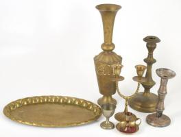 Doboznyi antik réz / bronz tárgy, közte antik gyertyatartó