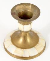 Bronz gyertyatartó pár, gyöngyház rárakással, m: 7 cm