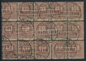 1881 Sztereo 3Ft 15-ös tömb lemezösszefüggés, nagy díjlerovás! RR! "BUDAPEST" (elvált fogak / aparted perfs)