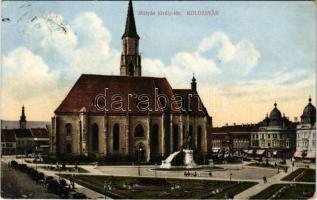 1916 Kolozsvár, Cluj; Mátyás király tér és szobor, Haraszthy Jenő üzlete. Fuhrmann Miklós kiadása / statue, shops (EK)