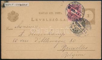 1897 2kr díjjegyes levelezőlap 5kr díjkiegészítéssel Brüsszelbe "POZSONY" -