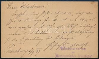 1897 2kr díjjegyes levelezőlap 5kr díjkiegészítéssel Brüsszelbe "POZSONY" -