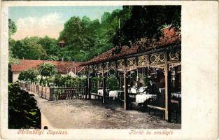 Miskolctapolca, Görömbölytapolca, Görömbölyi-Tapolca, Tapolca (Miskolc); Fürdő és vendéglő, kerthelyiség pincérrel. Ferenczi Károly kiadása (EK)