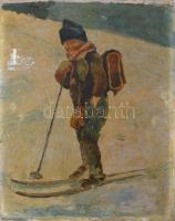 Olvashatatlan (?) jelzéssel: Síelő kisfiú. Olaj, karton, kissé sérült. 31x24 cm