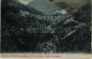1908 Oravica-Anina, Oravita-Anina; Vasúti hegyipálya, Zsittin-völgyi vasúti híd, viadukt és alagút, vonat, gőzmozdony. Weisz Félix kiadása / mountain railway bridge, railway tunnel, viaduct, locomotive, train (fl)
