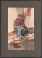 Jelzés nélkül, feltehetően XX. sz. eleje: Kislány a konyhában. Akvarell, papír. 26,5x16 cm