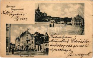 1902 Segesvár, Schässburg, Sighisoara; Iparosegylet háza, Piactér, üzletek / House of Craftsmen Association, market square, shops (szakadások / tears)