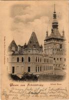 1899 Segesvár, Schässburg, Sighisoara; Albert-Haus / Albert-ház fiúinternátus, Óratorony. Fritz Teutsch kiadása / boarding school for boys, clock tower (EK)