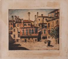 Paulovits Pál (1892-1975): Eldugott tér Velencében. Színezett rézkarc, papír, jelzett, foltos, 26×35,5 cm