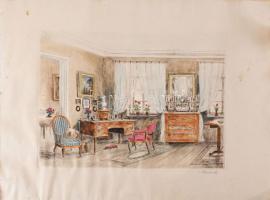 Paulovits Pál (1892-1975): Enteriőr. Színezett rézkarc, papír, jelzett, lap széle kissé foltos, 25,5×33 cm