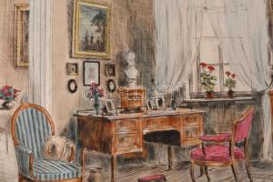 Paulovits Pál (1892-1975): Enteriőr. Színezett rézkarc, papír, jelzett, lap széle kissé foltos, 25,5...