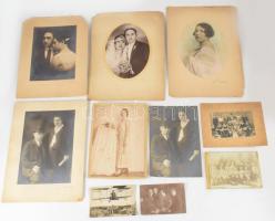 cca 1910-1930 Vegyes fotó tétel, közte katonai csoportkép, nagyméretű portrék, fotólapok, összesen 10 db, változó állapotban, 8,5x14 cm és 36x27 cm között