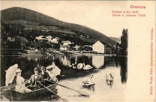 Oravicabánya, Oravica, Oravicza, Oravita; részlet a kis tóról, csónakázó társaság és hattyúk. Weisz Félix kiadása / Partie v. kleinen Teich / lake, rowing boat and swans (EK)