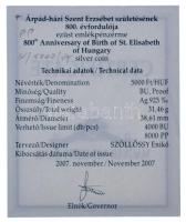 2007. 5000Ft Ag "Árpád-házi Szent Erzsébet" kapszulában, tokban, tanúsítvánnyal (31,46g/0,...