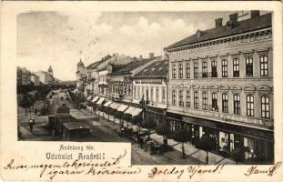 1903 Arad, Andrássy tér, városi vasút, vonat, Róth Testvérek, Schäffer Henrik üzlete / square, urban railway, train, shops (EK)