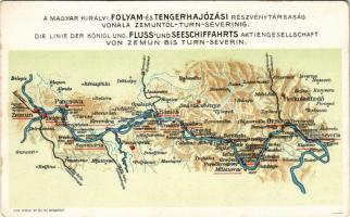A Magyar Királyi Folyam- és Tengerhajózási Részvénytársaság (MFTR) vonala Zimonytól Szörényvárig. Hátoldalon "Utazzunk MFTR magyar hajón!" reklám / Map of The Royal Hungarian River and Sea Shipping Company's line between Zemun and Turnu Severin. Klösz Gy. és Fia litho (apró szakadás / tiny tear)