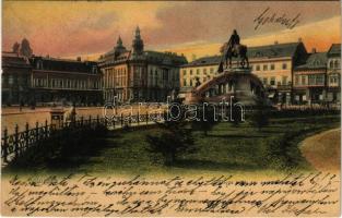 1904 Kolozsvár, Cluj; Mátyás király tér és szobor, gyógyszertár, üzletek / square, monument, pharmacy, shops