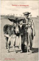 1912 Hortobágy, üdvözlet, csikós és szamár. Erdélyi fotogr. felvétele