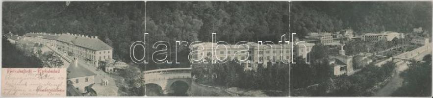 1903 Herkulesfürdő, Baile Herculane; 3-részes kihajtható panorámalap. R. Krizsány kiadása / 3-tiled folding panoramacard (hajtásnál szakadt / torn at fold)