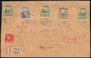 Baranya 1920 Ajánlott expressz levélen 6 db megszállási bélyeg, Pécsről Üszögre (hiányos boríték) Signed: Bodor