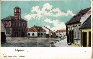 Lippa, Lipova; Tűzoltótorony, utca, üzlet. Gregor Fischer kiadása / fire tower, street view, shop (lyuk / pinhole)