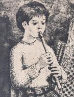 Imre István (1918-1983): Furulyázó. Rézkarc, papír, jelzett, üvegezett fakeretben, 40x30cm
