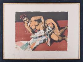 Vojtech Tittelbach (1900-1971): Női akt és harlekin, 1946. Litográfia, papír, jelzett. Üvegezett fakeretben, 32x39 cm