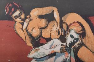 Vojtech Tittelbach (1900-1971): Női akt és harlekin, 1946. Litográfia, papír, jelzett. Üvegezett fak...