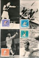 8 db MODERN magyar sport képeslap a MOB (Magyar Olimpiai Bizottság) megalakulásának 75. évfordulójára, alkalmi bélyegzéssel. Képzőművészeti Alap (1970) / 8 modern Hungarian Olympic sport postcards, with So. Stpl.