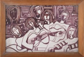 Zombori jelzéssel: Zenészek. Filctoll, papír, jelzett. Üvegezett fakeretben, 20x30 cm