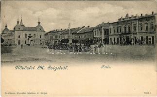 Máramarossziget, Sighetu Marmatiei; Fő tér, piac, Korona szálloda, étterem és kávéház, Klein D. üzlete. Kaufmann Ábrahám kiadása / main square, market, hotel, restaurant and café, shops (r)