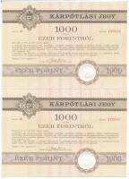 1991. Budapest "Országos Kárrendezési és Kárpótlási Hivatal" kárpótlási jegye 1000Ft-ról (2x) sorszámkövetők "0999887 - 0999888", "R" sorozat, szárazpecséttel T:AU jobb felső sarokban nagyobb sarokhajlás