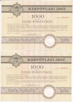 1991. Budapest "Országos Kárrendezési és Kárpótlási Hivatal" kárpótlási jegye 1000Ft-ról (2x) sorszámkövetők "0999885 - 0999886", "R" sorozat, szárazpecséttel T:AU jobb felső sarokban nagyobb sarokhajlás