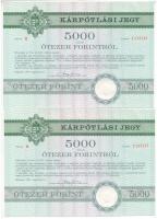1991. Budapest "Országos Kárrendezési és Kárpótlási Hivatal" kárpótlási jegye 5000Ft-ról (2x) sorszámkövetők "1132547 - 1132548", "R" sorozat, szárazpecséttel T:XF