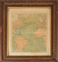 cca 1900 Atlantischer Ocean / Az Atlanti-óceán térképe, a Brockhaus Konversations-Lexikon melléklete, dekoratív, kissé viseltes üvegezett fakeretben, 29,5x21 cm, keret: 43x34 cm
