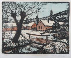 Réti Mátyás (1922-2002): Híd. Színes linómetszet, papír, jelzett, lapszéli elszíneződéssel, üvegezett fakeretben, 25×32 cm