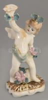 Antik porcelán puttó figurás gyertyatartó, jelzés nélkül, kis pattogzással, m: 15 cm