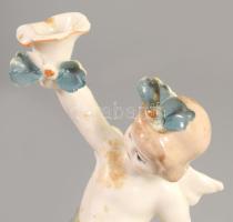 Antik porcelán puttó figurás gyertyatartó, jelzés nélkül, kis pattogzással, m: 15 cm