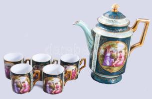 cca 1900 B. Bloch &amp; Co. historizáló mintás kanna és 5 darab pohár, jelzett, kopással, m: 15 cm