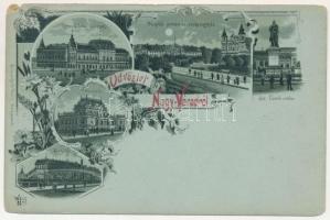 1898 Nagyvárad, Oradea; Kereskedelmi csarnok, Püspöki palota és székesegyház, Szent László szobor, múzeum, kishídfő este holdfényben. Sonnenfeld Adolf kiadása / trade hall, bishop's palace and cathedral, monument, museum, bridge at night in moonlight. O.Z.M. Art Nouveau, floral, litho (b)