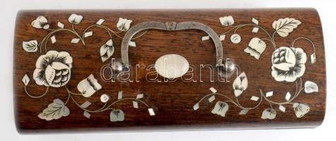 Fa díszdoboz, gyöngyház berakással, 16x7 cm