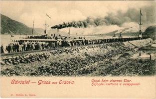 Orsova, Hajózási csatorna a Vaskapunál, Vaskapu-szoros megnyitó hajózása. Ferenc József, Károly román és Sándor szerb király felavató hajóútja az új csatornán. Hutterer G. kiadása / Kanal beim Eisernen Tor, Eröffnungsfahrt / Portile de Fier / gorge, canal opening ceremony with Franz Joseph I of Austria, Carol I of Romania and Alexander I of Serbia, steamship