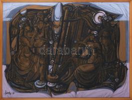 Xantus Gyula (1919-1993): Zene, 1981. Olaj, farost. Jelzett. Hátoldalán Xantus Gyula autográf feliratával. Fakeretben. 34,5x49,5 cm