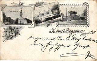 1898 Boksánbánya, Románbogsán, Németbogsán, Deutsch-Bogsan, Bocsa Montana; Röm. kath. Kirche, Kolczán, Hochofen / Római katolikus templom, Kolcán mészkőbánya, vasútállomás, vonat, nagyolvasztó kemence / Catholic church, lime quarry, lime burning plant, railway station, train, blast furnace. Art Nouveau, floral (EM)