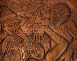 Jálics Gyula (1940-2016): Zsuzsanna és a vének. Faragott fa, jelzett, 58x29 cm