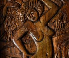 Jálics Gyula (1940-2016): Zsuzsanna és a vének. Faragott fa, jelzett, 58x29 cm