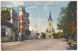 1917 Pöstyén, Piestany; Ferenc József út, zsinagóga. Fuchs Margit kiadása / Franz Josefstrasse / street view, synagogue (r)