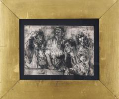 Pirk János (1903-1989): Kártyázók. Rézkarc, papír, jelzés nélkül. Hátoldalán nyomtatott Pirk János felirattal. Üvegezett fakeretben. 16×22,5 cm