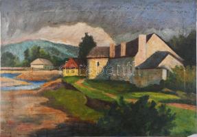 Olvashatatlan jelzéssel: Zazar-pati házak. Olaj, vászon. Hátoldalán román kiviteli bélyegzővel és felirattal. 34×48 cm