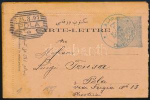 Török posta Szaúd-Arábiában 1897 Díjjegyes zárt levelezőlap kétnyelvű kék "DJEDDA" (Jeddah-Dzsidda) bélyegzéssel Polába, tengerésztisztnek küldve. RR!